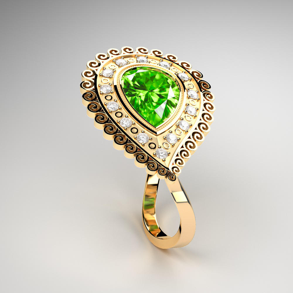 Jewelry ring with paisley style top part and green pear cut stone in the middle